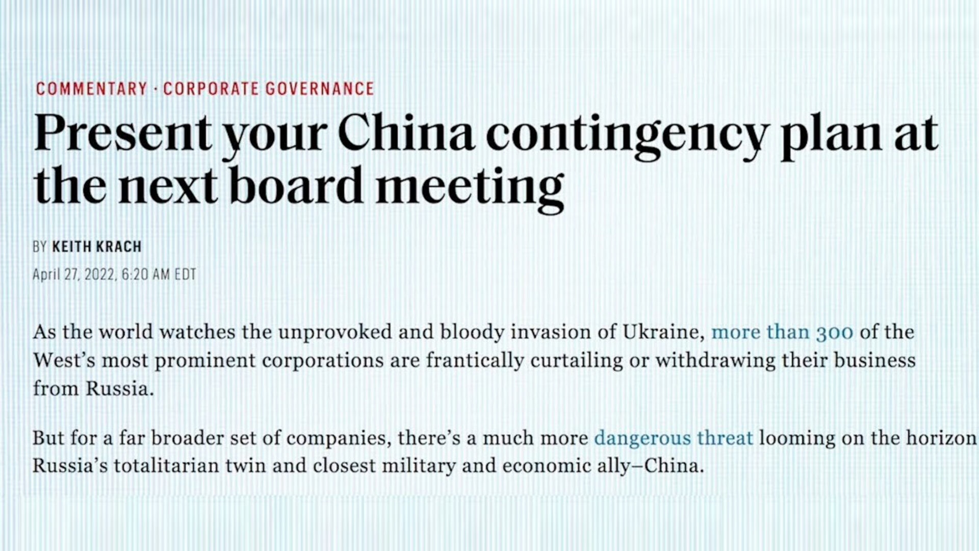 Krach to CEOs: Present your China Contingency Plan