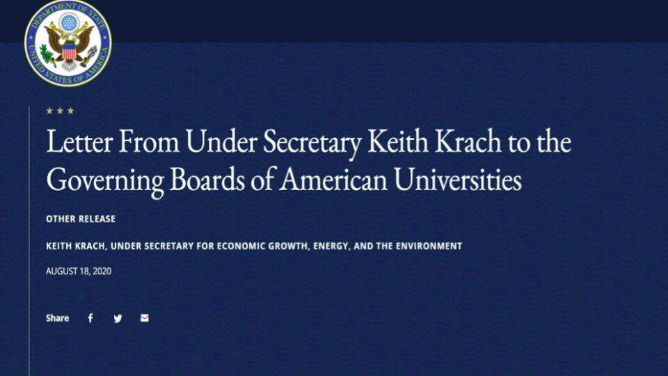Letter From Under Secretary Keith Krach to the Governing Boards of American Universities