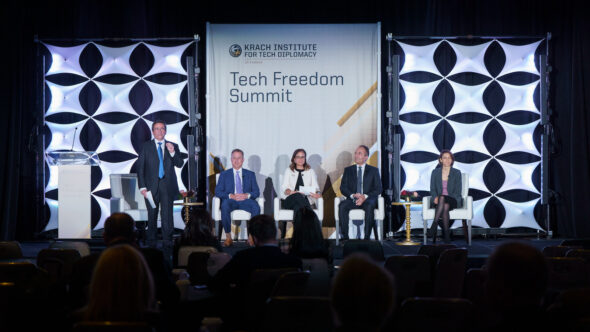 Dan DeLaurentis, KITDP Senior Research Fellow and Professor of Aeronautics and Astronautics at Purdue University, introduces the AI and National Security panel at KITDP's Tech Freedom Summit 2023