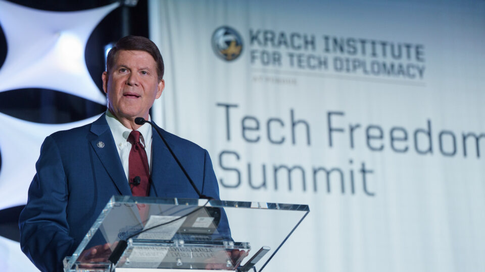 Krach Institute Chairman Keith Krach delivers opening remarks at KITDP's Tech Freedom Summit 2023.