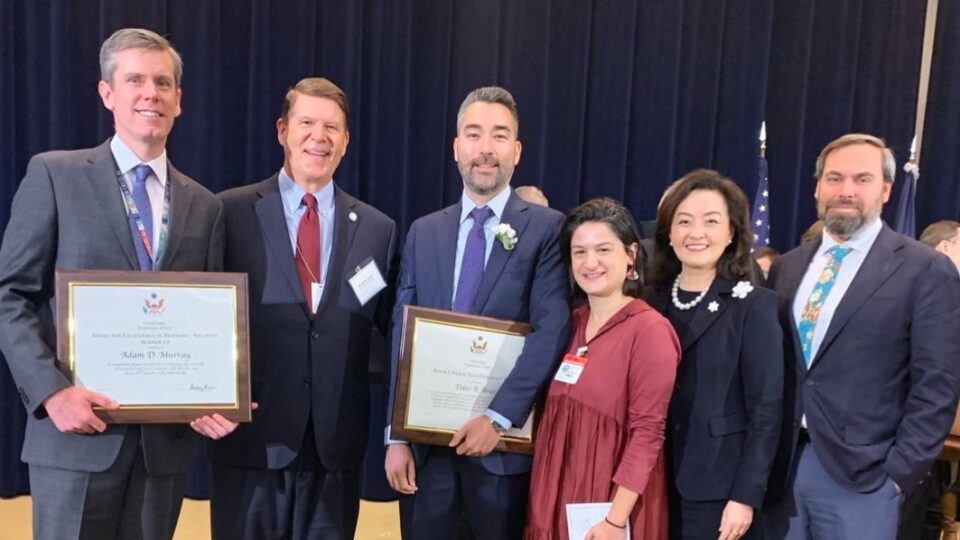 Adam D. Murray, runner up for the Excellence in Economic Security Award; Keith J. Krach, fmr Under Secretary of State and chairman of the Krach Institute for Tech Diplomacy at Purdue; Tobei Arai, winner of the Tech Diplomacy Award; his wife; Ambassador Yuri Kim; U.S. diplomat Demian Smith